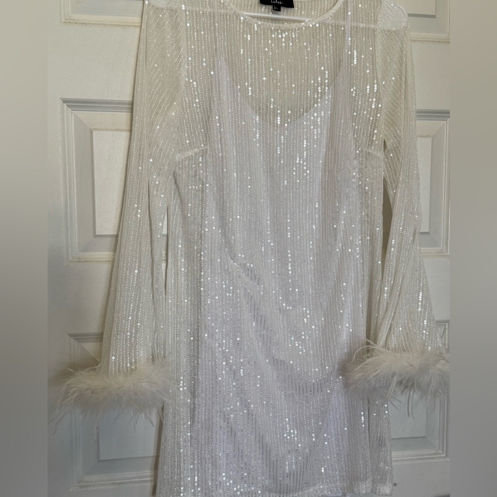 Lulus sparkly feather long sleeve mini dress